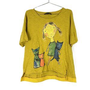 Gracila Cat Lady Girl Graphic T Shirt Cotton Mustard Yellow 2XL